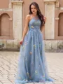 A-line Classy One-Shoulder Sweep Train Lace Prom Dress With Appliques Lace