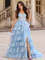 Fashion A-line Off-the-Shoulder Court Train Tulle Corset Prom Dress With Slit