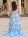 Fashion A-line Off-the-Shoulder Court Train Tulle Corset Prom Dress With Slit