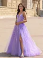 A-line Fashion V-neck Sweep Train Corset Prom Dress With Slit