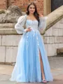 Dreamy A-line Straight Long Sleeves Sweep Train Tulle Convertible Corset Prom Dress With Slit