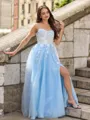 Dreamy A-line Straight Long Sleeves Sweep Train Tulle Convertible Corset Prom Dress With Slit
