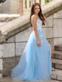 Dreamy A-line Straight Long Sleeves Sweep Train Tulle Convertible Corset Prom Dress With Slit