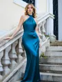 Sheath/Column Hot Silk Like Satin Halter Floor-Length Prom Dress With Pleated