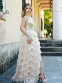 A-line Princess Tulle V-neck Sweep Train Corset Prom Dress With Slit