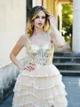 A-line Princess Tulle V-neck Sweep Train Corset Prom Dress With Slit