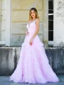 Princess A-line V-neck Sweep Train Prom Dress With Cascading Ruffles