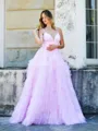 Princess A-line V-neck Sweep Train Prom Dress With Cascading Ruffles
