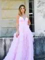 Princess A-line V-neck Sweep Train Prom Dress With Cascading Ruffles