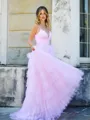 Princess A-line V-neck Sweep Train Prom Dress With Cascading Ruffles