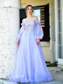 Chic A-line Spaghetti Straps Long Sleeve Court Train Tulle Corset Prom Dress With Appliques Lace