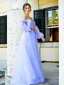 Chic A-line Spaghetti Straps Long Sleeve Court Train Tulle Corset Prom Dress With Appliques Lace