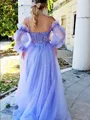 Chic A-line Spaghetti Straps Long Sleeve Court Train Tulle Corset Prom Dress With Appliques Lace