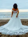 A-line Princess Dreamy Off-the-Shoulder Sleeveless Sweep Train Tulle Wedding Dress With Applique