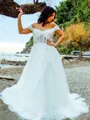A-line Princess Dreamy Off-the-Shoulder Sleeveless Sweep Train Tulle Wedding Dress With Applique