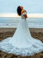 A-line Princess Dreamy Off-the-Shoulder Sleeveless Sweep Train Tulle Wedding Dress With Applique