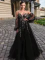 Gorgeous Ball-Gown Tulle Sweetheart Long Sleeves Sweep Train Black Wedding Dress