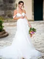 A-line Chic Off-the-Shoulder Tulle Chapel Train Wedding Dress With Slit