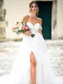 A-line Chic Off-the-Shoulder Tulle Chapel Train Wedding Dress With Slit