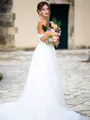 A-line Chic Off-the-Shoulder Tulle Chapel Train Wedding Dress With Slit