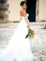 A-line Chic Off-the-Shoulder Tulle Chapel Train Wedding Dress With Slit