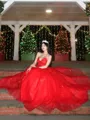 Glamorous A-Line Sweetheart Appliques Lace Sweep Train Tulle Corset Prom Dress