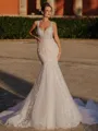 Glam Mermaid Off-the-Shoulder Appliques Lace Cathedral Train Tulle Wedding Dress