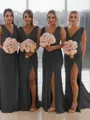 Sheath/Column V-Neck Sleeveless Classy Sweep Train Chiffon Bridesmaid Dress With Ruched