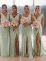 Sheath/Column V-Neck Sleeveless Classy Sweep Train Chiffon Bridesmaid Dress With Ruched