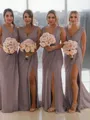 Sheath/Column V-Neck Sleeveless Classy Sweep Train Chiffon Bridesmaid Dress With Ruched