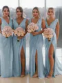 Sheath/Column V-Neck Sleeveless Classy Sweep Train Chiffon Bridesmaid Dress With Ruched