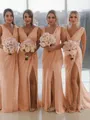Sheath/Column V-Neck Sleeveless Classy Sweep Train Chiffon Bridesmaid Dress With Ruched