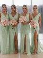 Sheath/Column V-Neck Sleeveless Classy Sweep Train Chiffon Bridesmaid Dress With Ruched