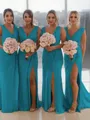 Sheath/Column V-Neck Sleeveless Classy Sweep Train Chiffon Bridesmaid Dress With Ruched