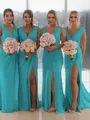 Sheath/Column V-Neck Sleeveless Classy Sweep Train Chiffon Bridesmaid Dress With Ruched