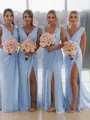 Sheath/Column V-Neck Sleeveless Classy Sweep Train Chiffon Bridesmaid Dress With Ruched