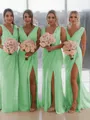 Sheath/Column V-Neck Sleeveless Classy Sweep Train Chiffon Bridesmaid Dress With Ruched