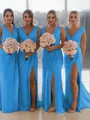 Sheath/Column V-Neck Sleeveless Classy Sweep Train Chiffon Bridesmaid Dress With Ruched
