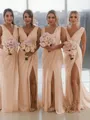 Sheath/Column V-Neck Sleeveless Classy Sweep Train Chiffon Bridesmaid Dress With Ruched