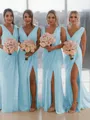 Sheath/Column V-Neck Sleeveless Classy Sweep Train Chiffon Bridesmaid Dress With Ruched