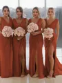 Sheath/Column V-Neck Sleeveless Classy Sweep Train Chiffon Bridesmaid Dress With Ruched