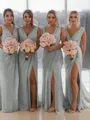 Sheath/Column V-Neck Sleeveless Classy Sweep Train Chiffon Bridesmaid Dress With Ruched
