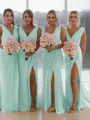 Sheath/Column V-Neck Sleeveless Classy Sweep Train Chiffon Bridesmaid Dress With Ruched