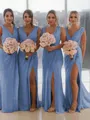 Sheath/Column V-Neck Sleeveless Classy Sweep Train Chiffon Bridesmaid Dress With Ruched