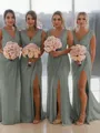 Sheath/Column V-Neck Sleeveless Classy Sweep Train Chiffon Bridesmaid Dress With Ruched