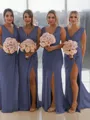 Sheath/Column V-Neck Sleeveless Classy Sweep Train Chiffon Bridesmaid Dress With Ruched