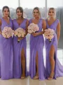 Sheath/Column V-Neck Sleeveless Classy Sweep Train Chiffon Bridesmaid Dress With Ruched
