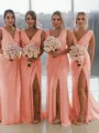 Sheath/Column V-Neck Sleeveless Classy Sweep Train Chiffon Bridesmaid Dress With Ruched