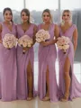Sheath/Column V-Neck Sleeveless Classy Sweep Train Chiffon Bridesmaid Dress With Ruched