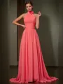 A-line Halter Sleeveless Sweep Train Chiffon Stunning Bridesmaid Dress With Hand-Made Flower
